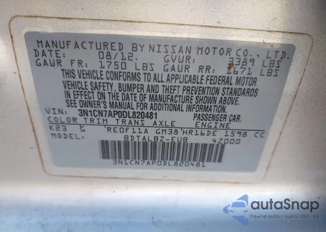 2013 Nissan Versa 1.6 Sv z USA, uszkodzony, nr VIN 3N1CN7AP0DL820481